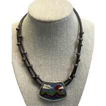 Chicos Necklace Mountain Sunrise Scene Silver Tone Leather Strap 13&quot; - $19.87