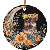 Funny German Shepherd Puppy Dog Moon &amp; Flower Christmas Ornament Ceramic Gift - £11.80 GBP