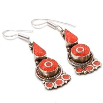 Red Coral Handmade Bohemian Christmas Gift Jewelry Earrings Nepali 2.20&quot; SA 2988 - £6.20 GBP