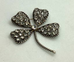 Sterling Silver Four-Leaf Clover Brooch Pin Vintage Faceted Crystal Rhin... - £72.46 GBP