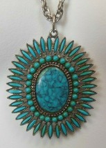 Vintage Ornate Silver-tone Faux Turquoise Starburst Pendant Chain Necklace - £43.42 GBP