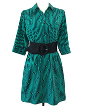 IZ Byer Green and Black Striped dress with 3.5 in wide woven elastic belt Sz M - £13.24 GBP
