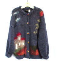 Denon Vintage Mohair Knit Art Sweater House Tree Sky Sun Clouds w/ Pockets LARGE - £113.90 GBP