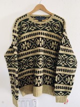 Polo Sport Ralph Lauren Men&#39;s Size L Hand Knit Snowflake Green Beige Sweater Vtg - £56.82 GBP