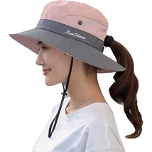 Women&#39;S Ponytail Safari Sun Hat Mesh Wide Brim Uv Protection Outdoor Bucket Hat  - £12.78 GBP