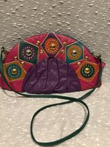 Vintage 80s Boho Colorblock Leather Crossbody Purse Geometric Studded Ba... - $118.80