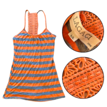 Vintage Lagaci Orange &amp; Gray Striped Tank Top with Lace Straps Size L/L - $17.82