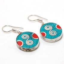 Tibetan Turquoise Coral Bohemian Handmade Jewelry Earrings Nepali 1.40&quot; SA 3188 - £4.78 GBP