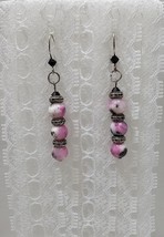 Pink Zebra Jasper Gemstone w/Black Bi-cone Crystals Handmade Dangle Earr... - £8.02 GBP