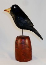 2018 Dan &amp; Donna Strawser Carved Wood Painted Black Crow Wire Legs Yellow Beak - £170.15 GBP