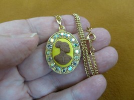 CA30-139) RARE African American LADY yellow + brown CAMEO brass pendant necklace - £23.07 GBP