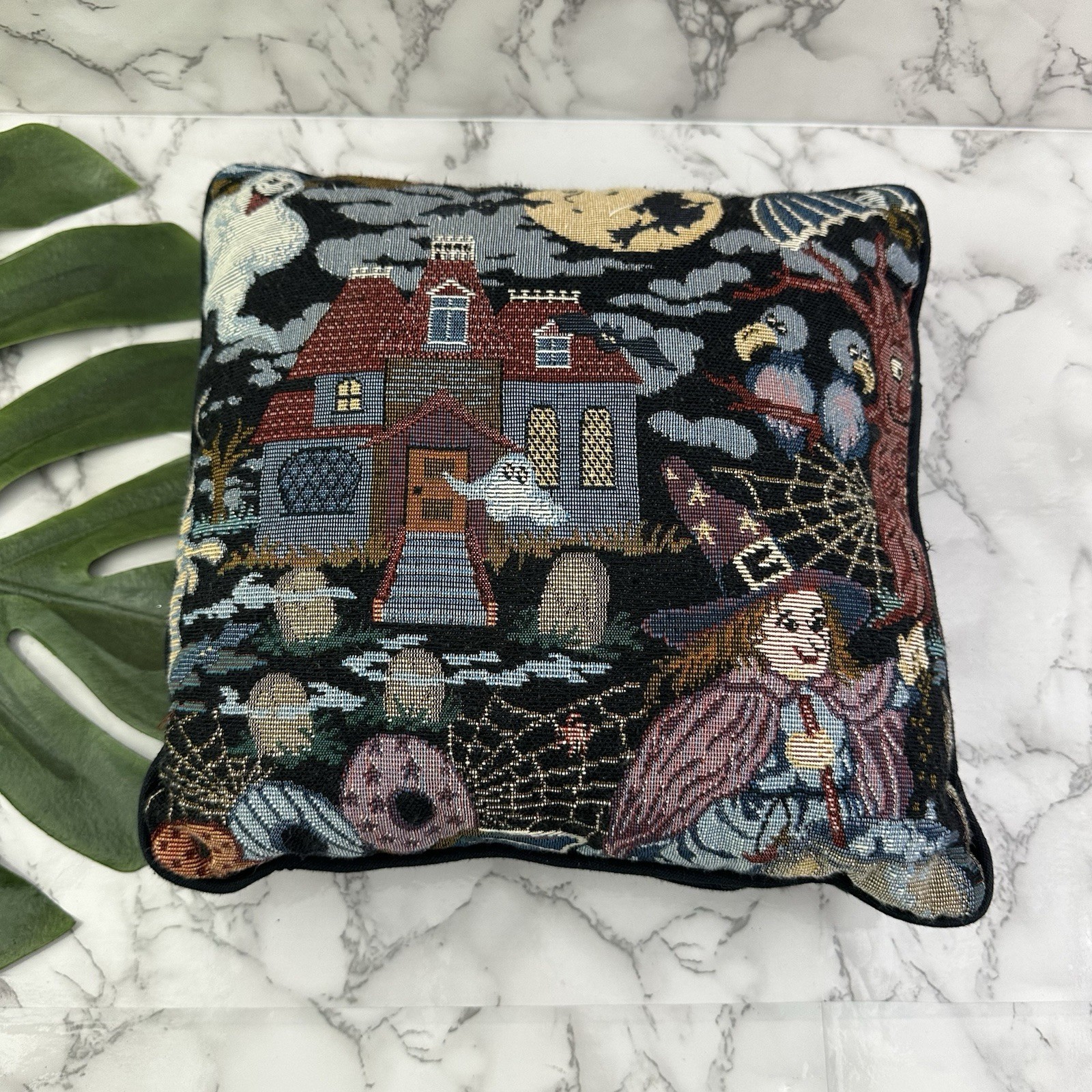 Vintage 90s Halloween Tapestry Throw Pillow Small Witch Ghosts Spooky House - $25.73