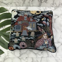 Vintage 90s Halloween Tapestry Throw Pillow Small Witch Ghosts Spooky House - $25.73