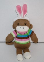 Inter American Products Easter Bunny Sock Monkey 10&quot; Pink Ear Stripe Stuffed Toy - £7.63 GBP