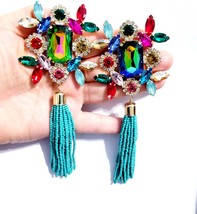 Oversized Chandelier Earrings, Rhinestone Clip On Earrings, Colorful Drop Pagean - £47.15 GBP