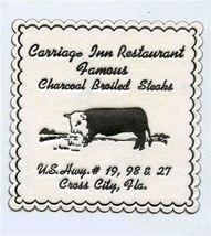 Carriage Inn Restaurant Paper Coaster Cross City Florida 1960&#39;s Broiled Steaks - £12.66 GBP