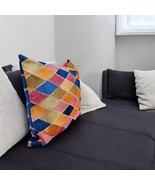 Handmade Full-Grain Leather Cushion Cover – 16&quot;x16&quot; Multicolor Patchwork... - $94.07 CAD