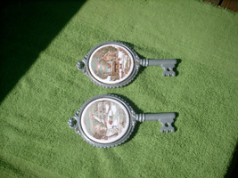 Vintage 2pc. Metal Key Shaped Hot Plates/Trivets/Wall Hangings - Currier &amp; Ives - £23.98 GBP