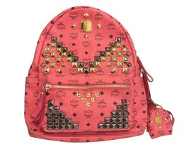 MCM Red Pink Large Visetos Laptop Backpack Gold Black Studded w/ Mini Coin Bag image 10