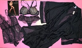 Victoria&#39;s Secret 32A Bombshell Bra Set+Xs Romper Teddy+Kimono Robe Black Lace - £151.25 GBP