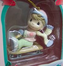Precious Moments LITTLE BOY ON SLED 2&quot; CHRISTMAS TREE ORNAMENT NEW - $14.85