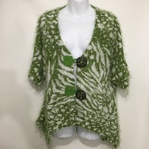 Kaktus L Green White 2 Button Cardigan Sweater Short-Sleeve Scoop Neck - £25.36 GBP