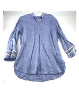 Chicos Linen Shirt Womens Size 10 Blue Cream Long Sleeve Tunic Cottage C... - $33.48 CAD