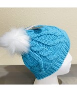 Beanie Hat Blue Cables 2 White Pompoms Kitty Cat Faux Fur Plush Lined Girls - $14.69