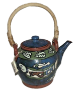 Nepal Redware Teapot Ceramic Free Trade Fish Bird Blue Green Rattan Hand... - £12.82 GBP