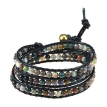 Seven Color Indian Jade Aventurine 3-Wrap Leather Bracelet Bohemian Festival - £12.72 GBP