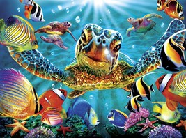 Framed canvas art print giclee curious friendly sea turtle tropical fish sunbeam - £31.64 GBP+