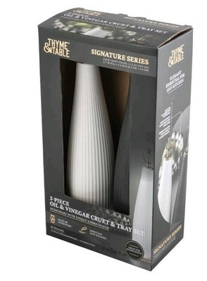 THYME & TABLE ~ Three (3) Piece Stoneware Oil & Vinegar Cruet Set Ribbed Design Item image 2