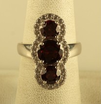 Vintage Sterling Signed 925 YGI Triple Red Garnet Stone Modern Long Ring 7 1/4 - £38.16 GBP