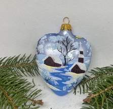 Christmas heart blue with winter landscape glass Christmas handmade ornament - £10.66 GBP