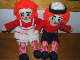 Vintage Handmade Knit Red White &amp; Blue RAGGEDY ANDY &amp; ANN Dolls -16.5 inches tal - £8.30 GBP