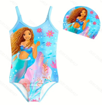 2pc Toddler Girls Sz 5-6 Cartoon Mermaid Cami One Piece Swimsuit + Swim Cap NWT - £10.51 GBP