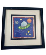 Kris Banks Framed Picture Flying Saucer Moon Stars Planets Navy Blue Red... - $18.81