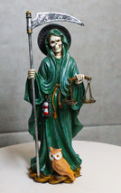 Standing Green Santa Muerte With Scythe Scales of Justice And Wise Owl Figurine - £34.47 GBP