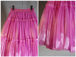 Hot Pink Fluffy Satin Midi Skirt Outfit Women A-line Plus Size Satin Prom Skirt image 7