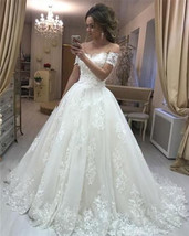 Off the Shoulder A-line White Lace Wedding Dress Floor Length Bridal Dress - $189.00