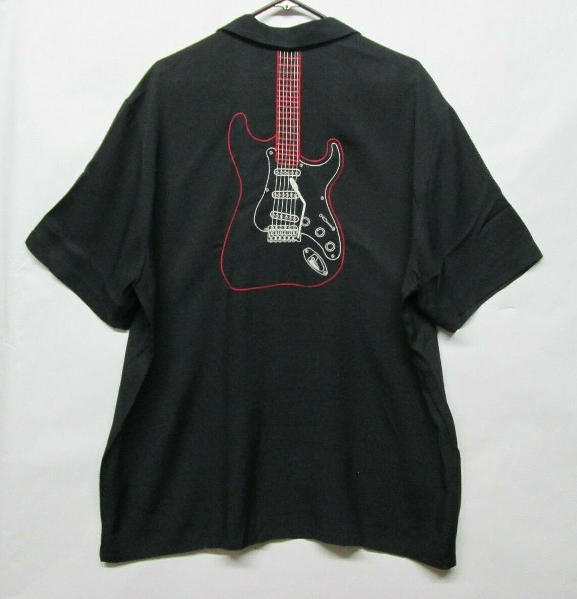 Primary image for Fender by Davinci USA Made Rayon Pearl Snap Shirt Sz L Black Strat Guitar Back