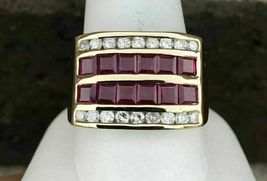3.55Ct Princess Cut Red Ruby &amp; Diamond Channel Set Ring 14K Yellow Gold Over  - £87.38 GBP