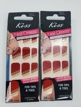 2X KISS Dress 28 Nail Polish Strips For Tips Nail &amp; Toe Red Gold Lace KD... - $6.99