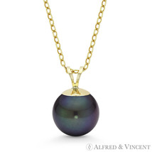 Freshwater Cultured Round Black Pearl 14k Yellow Gold Solitaire Necklace Pendant - £37.18 GBP+