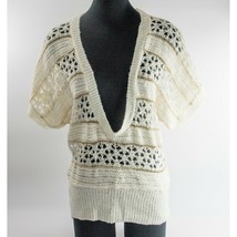 Desigual Wool V Neck Metallic Gold Cream Open Knit Plunge Front Sweater ... - $63.86