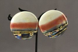 Vintage Artisan Chautauqua Jewelry Glazed Porcelain Metallic Disc Clip Earrings - £16.75 GBP