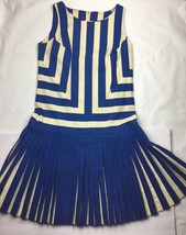 Vintage 60s 70s Striped Mod Dress Blue + white sleeveless mini heavy M? - £54.91 GBP