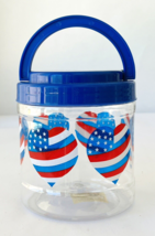 July 4 Patriotic Plastic Snacks Canister &amp; Lid US Flag Hearts Red White ... - $14.50