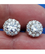 Earth mined Diamond European Earrings Deco Style Halo Studs Solid 14k Wh... - €10.595,87 EUR