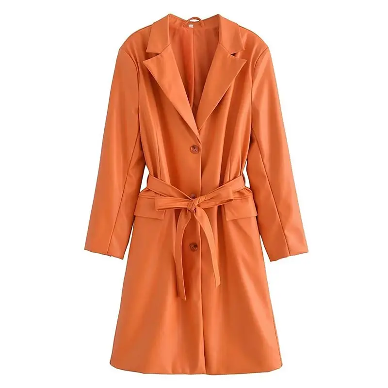 Women  Solid Belted Faux Leather Trench Coat Chic Long Sleeve Lapel Blazer Outwe - £155.11 GBP